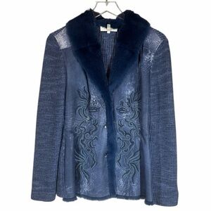 ESCADA Women's Vintage Blue Lapin Cashmere Jacket with Rabbit Fur & Embroidery